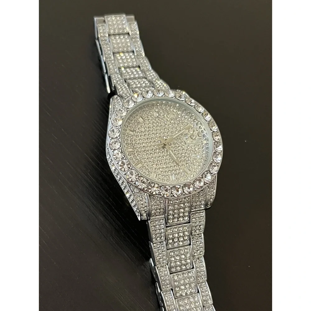 Moissanite Bussdown watch silver‎ tone stainless steel